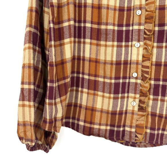 Frye Women's Ruffle Placket Flannel Plaid Top Maroon Gold Yellow Small - Picture 3 of 8